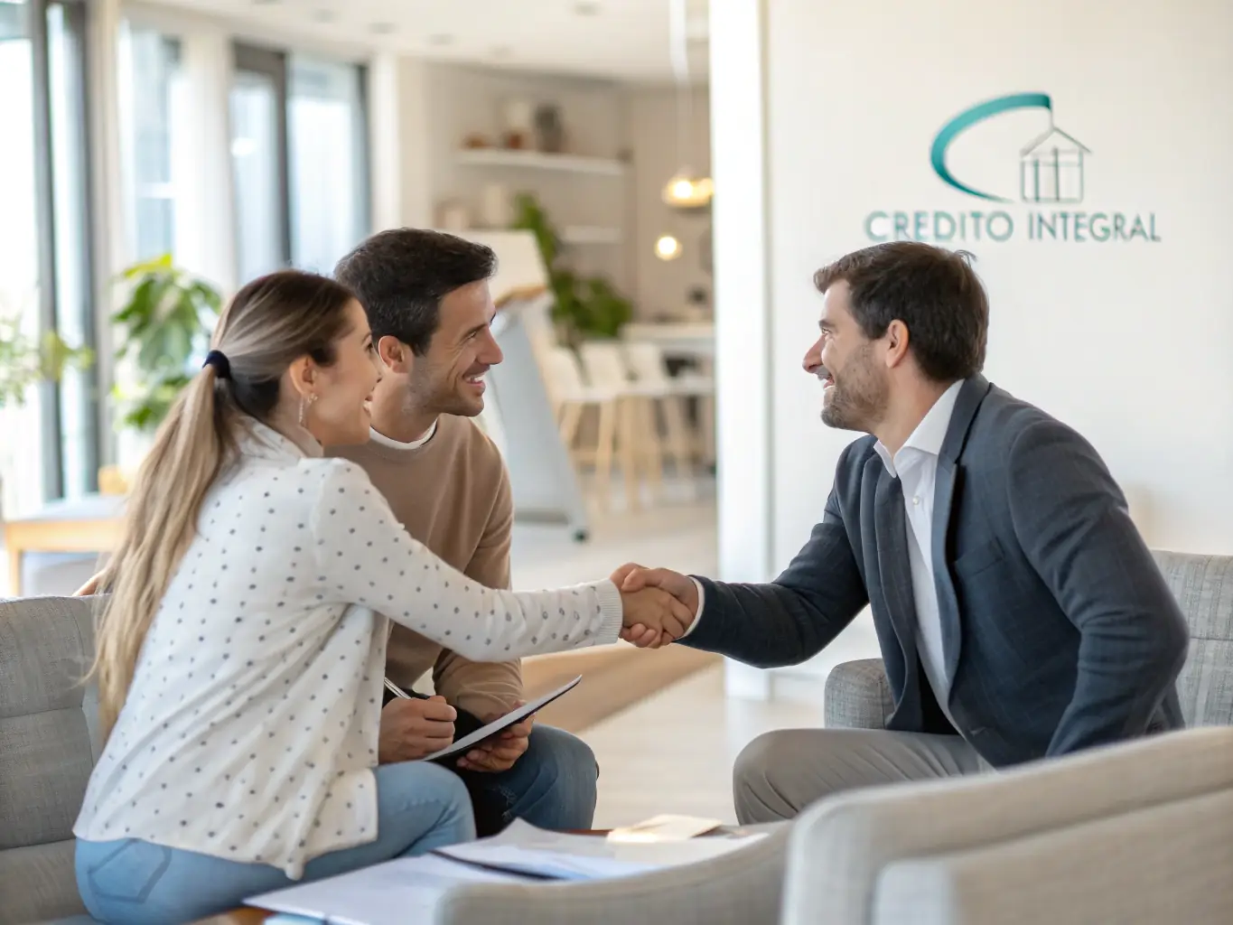 A professional financial advisor is shaking hands with a client in a modern office setting, symbolizing trust and agreement on a loan. The background shows the Crédito Integral logo subtly.