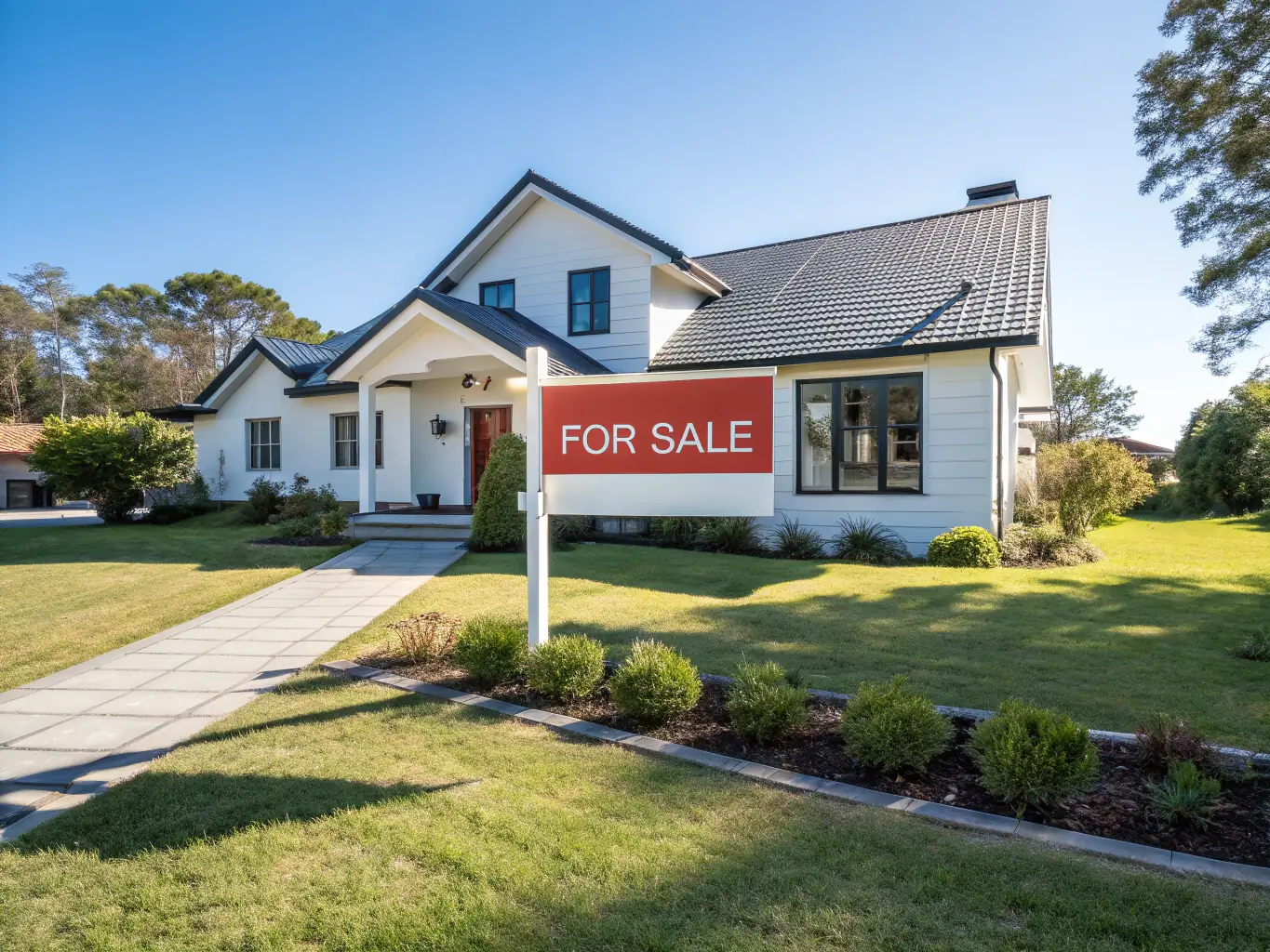 A well-maintained house with a 'For Sale' sign in the front yard, representing real estate as collateral for a secured loan. The sky is clear and sunny.
