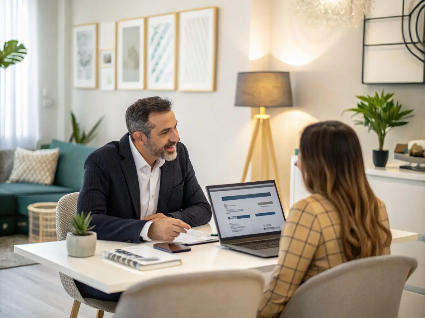 A friendly Crédito Integral advisor is explaining loan options to a client in a modern office setting, emphasizing personalized service.