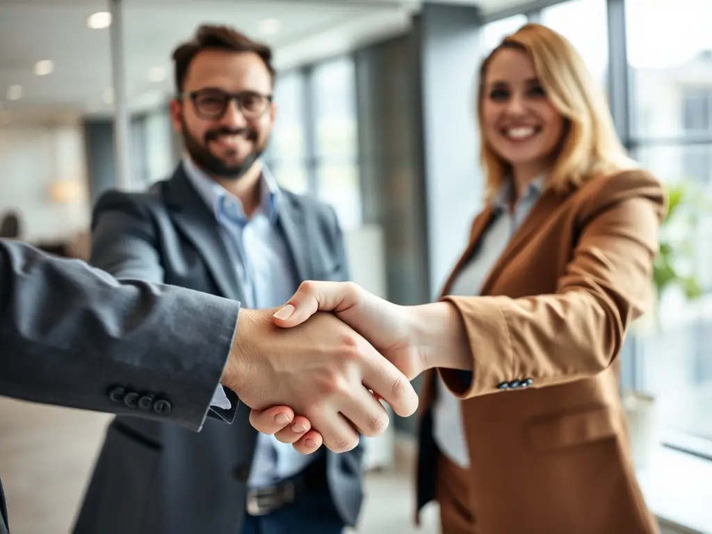 A friendly Crédito Integral loan officer is shaking hands with a satisfied client in a modern office setting, symbolizing trust and partnership.