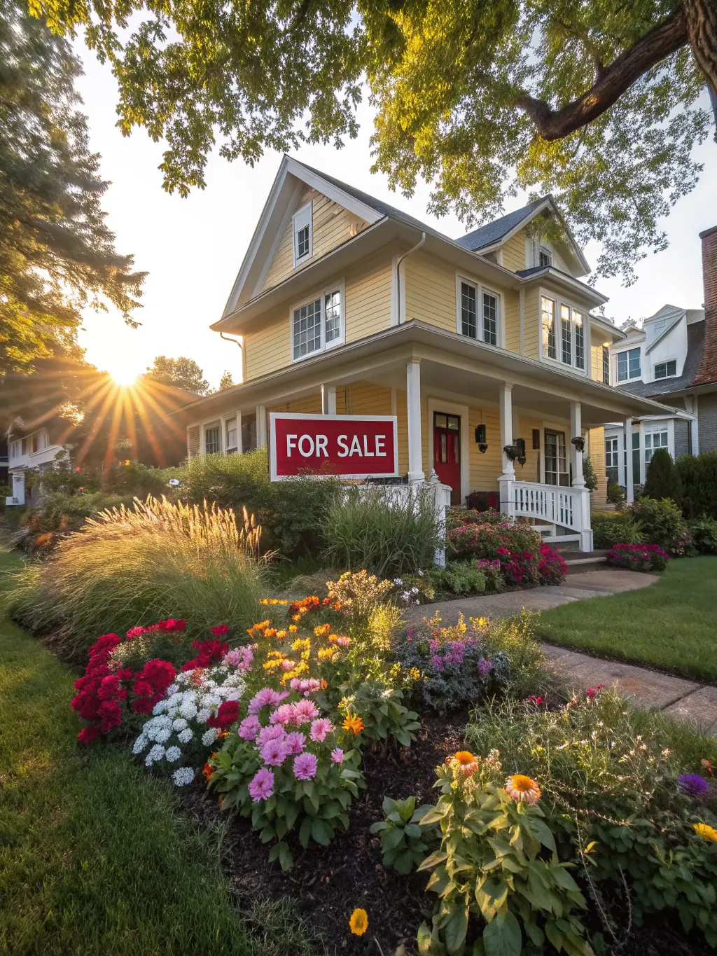 A well-maintained house with a 'For Sale' sign, symbolizing a mortgage loan, in the setting of Mendoza, Argentina, reflecting Crédito Integral's local focus.